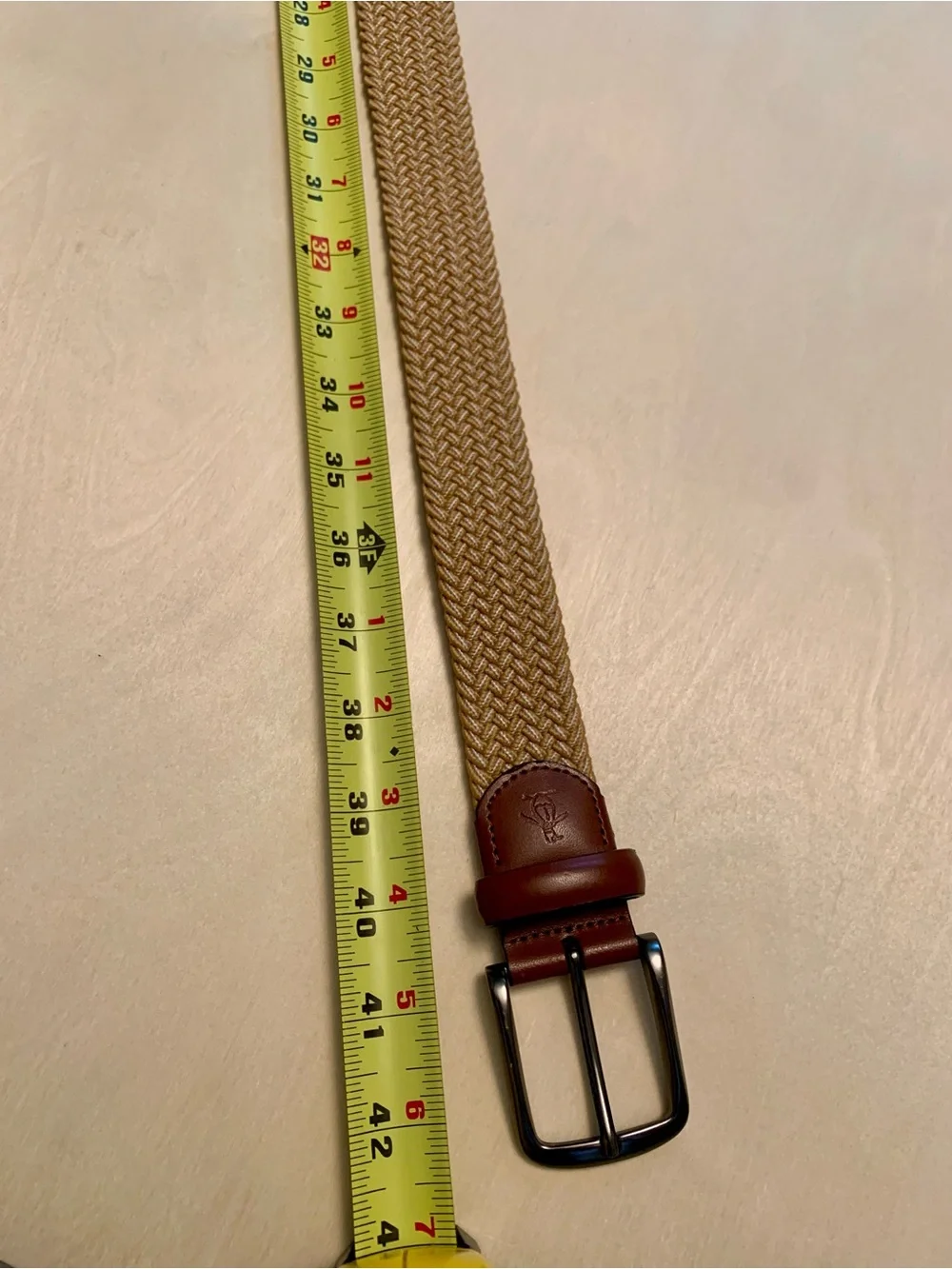Penguin Braided Tan Stretch Belt with Brown Leather Trim, Size Medium (24-36)